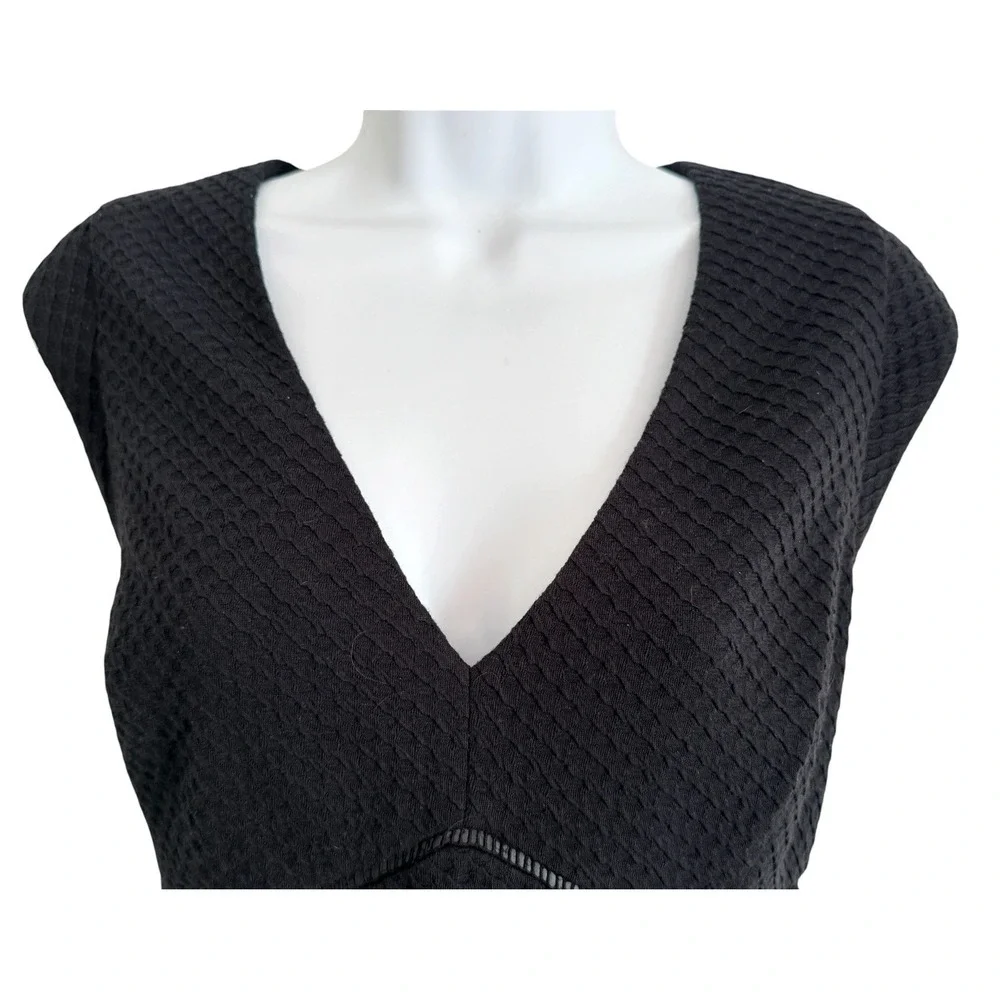 Rebecca Taylor Dress 10 Black Textured Fit‎ Flare Ladder Lace Cap Sleeve V Neck